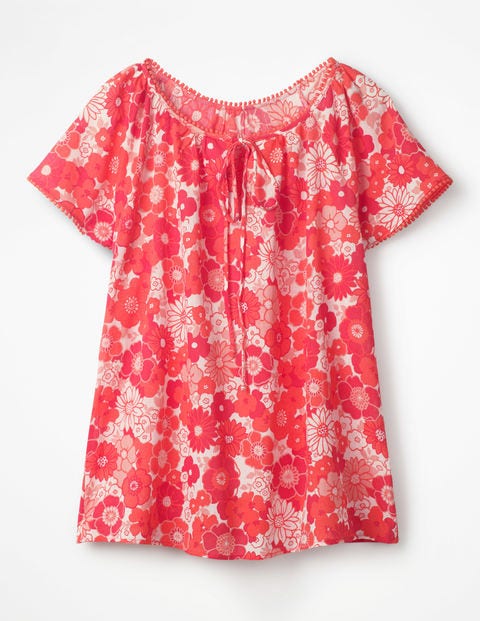 Gauzy Beach Top - Guava, Swinging Floral Gauzy Beach Top - Guava, Swinging Floral