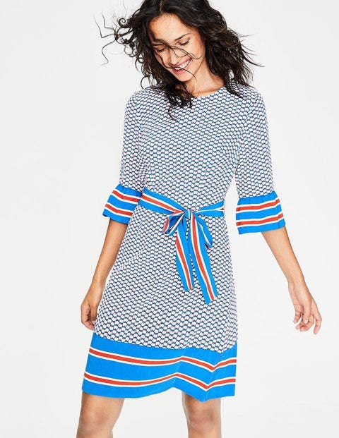Andrea Belted Dress - Cyan Flower Fan Andrea Belted Dress - Cyan Flower Fan