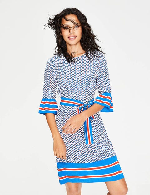 Andrea Belted Dress - Cyan Flower Fan Andrea Belted Dress - Cyan Flower Fan