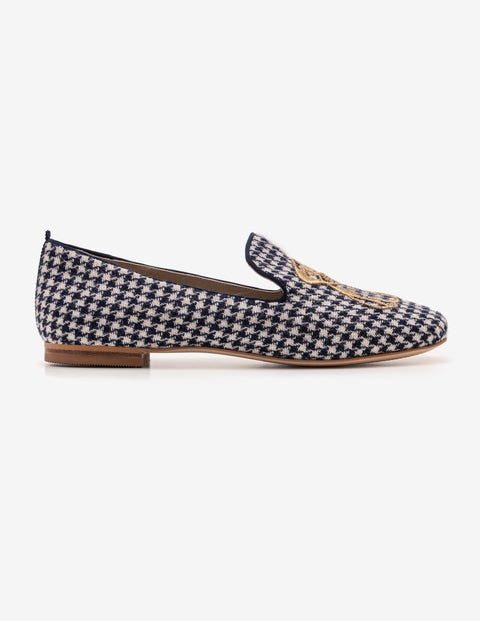 Elsie Embroidered Slippers - Navy and Ivory Puppytooth Elsie Embroidered Slippers - Navy and Ivory Puppytooth