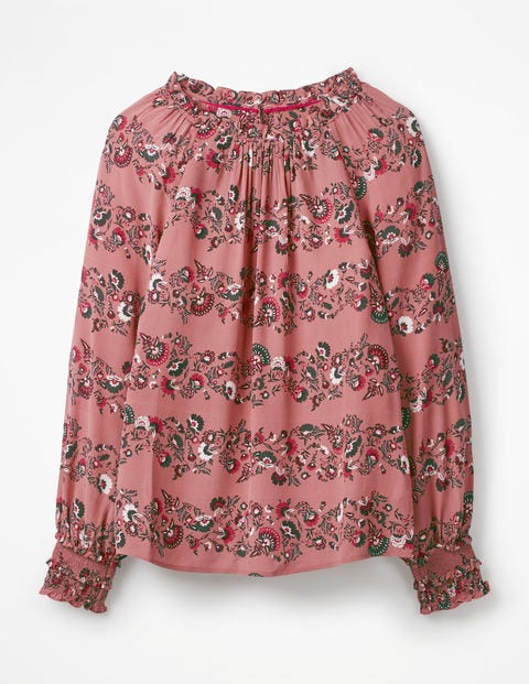 Sadie Seidenbluse - Pastellrot, Blumen/Streifen Sadie Seidenbluse - Pastellrot, Blumen/Streifen