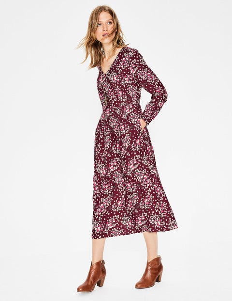 Robe Midi Simple - Motif feuilles d'automne couleur vin chaud Robe Midi Simple - Motif feuilles d'automne couleur vin chaud