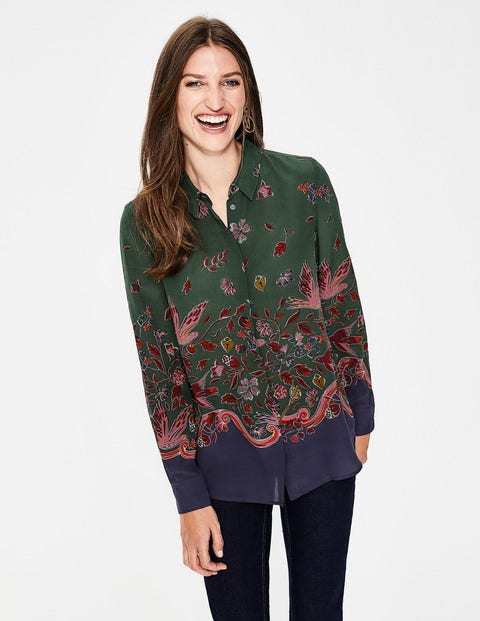 Naomi Silk Shirt - Green, Wonderland Bird Naomi Silk Shirt - Green, Wonderland Bird