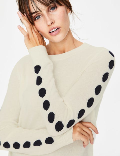 Cashmere Crew Neck Jumper - Ivory/Navy Spot Cashmere Crew Neck Jumper - Ivory/Navy Spot