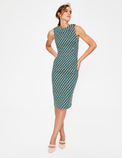 Martha Kleid Mit Ziernaht - Fischreiherblau, Grafisches Geomuster Martha Kleid Mit Ziernaht - Fischreiherblau, Grafisches Geomuster