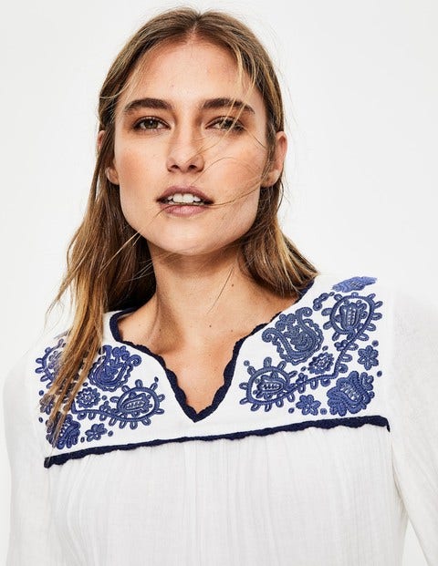 Abigail Embroidered Top - White with Blue Embroidery Abigail Embroidered Top - White with Blue Embroidery