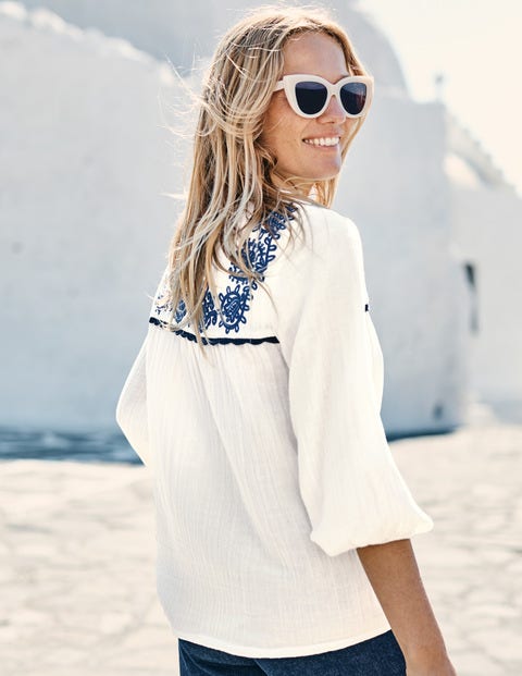 Abigail Embroidered Top - White with Blue Embroidery Abigail Embroidered Top - White with Blue Embroidery