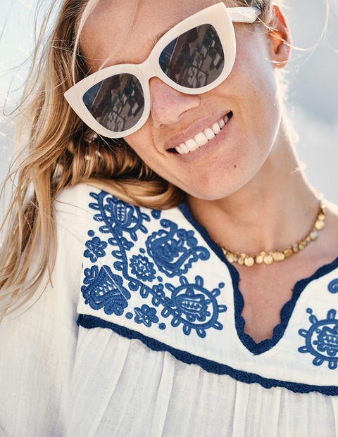 Abigail Embroidered Top - White with Blue Embroidery Abigail Embroidered Top - White with Blue Embroidery