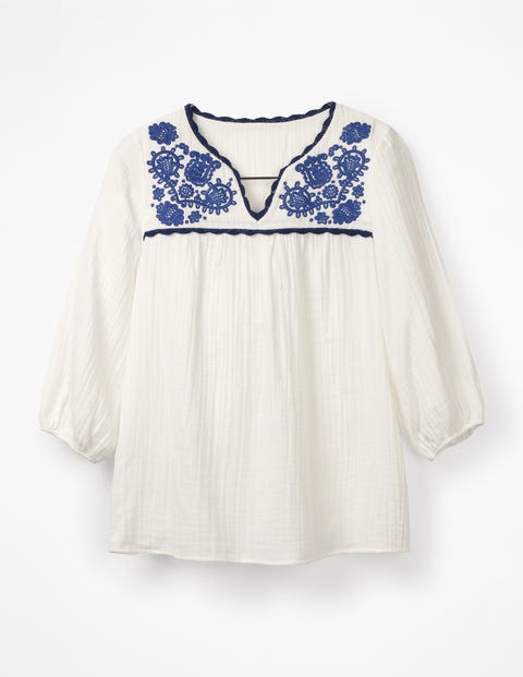 Abigail Embroidered Top - White with Blue Embroidery Abigail Embroidered Top - White with Blue Embroidery