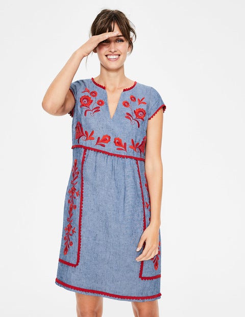 Bea Linen Embroidered Dress - Chambray & Red Pop Embroidery Bea Linen Embroidered Dress - Chambray & Red Pop Embroidery