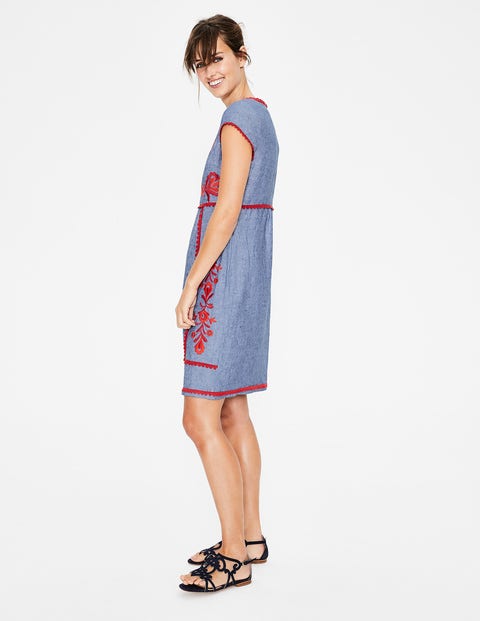 Bea Linen Embroidered Dress - Chambray & Red Pop Embroidery Bea Linen Embroidered Dress - Chambray & Red Pop Embroidery