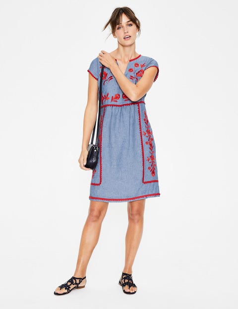 Bea Linen Embroidered Dress - Chambray & Red Pop Embroidery Bea Linen Embroidered Dress - Chambray & Red Pop Embroidery