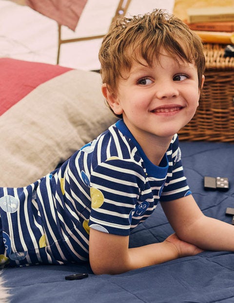 Cosy Short John Pajamas - Starboard Blue/Ecru Faces Cosy Short John Pajamas - Starboard Blue/Ecru Faces