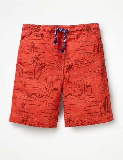 Washed Canvas Pull-On Shorts - Baked Coral Beach Scene Washed Canvas Pull-On Shorts - Baked Coral Beach Scene