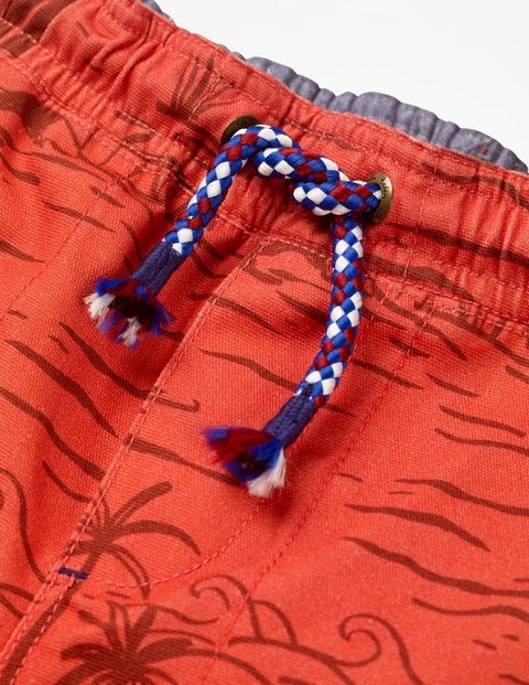 Washed Canvas Pull-On Shorts - Baked Coral Beach Scene Washed Canvas Pull-On Shorts - Baked Coral Beach Scene