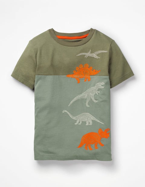 Embroidered Motif T-Shirt - Pottery Green Dinosaurs Embroidered Motif T-Shirt - Pottery Green Dinosaurs