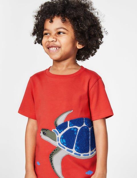 T-Shirt Mit Tierapplikation - Tropisches Korallenorange, Schildkröte T-Shirt Mit Tierapplikation - Tropisches Korallenorange, Schildkröte