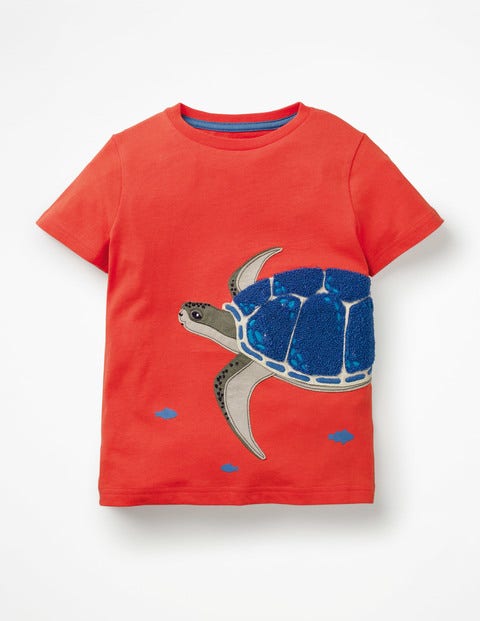 T-Shirt Mit Tierapplikation - Tropisches Korallenorange, Schildkröte T-Shirt Mit Tierapplikation - Tropisches Korallenorange, Schildkröte