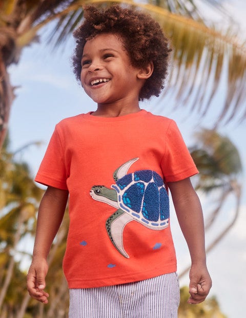 T-Shirt Mit Tierapplikation - Tropisches Korallenorange, Schildkröte T-Shirt Mit Tierapplikation - Tropisches Korallenorange, Schildkröte