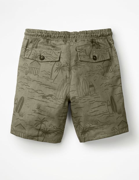Washed Canvas Pull-On Shorts - Khaki Green Desert Beach Washed Canvas Pull-On Shorts - Khaki Green Desert Beach