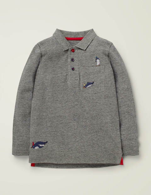 Long-Sleeved Embroidered Polo - Mid Grey Marl Long-Sleeved Embroidered Polo - Mid Grey Marl