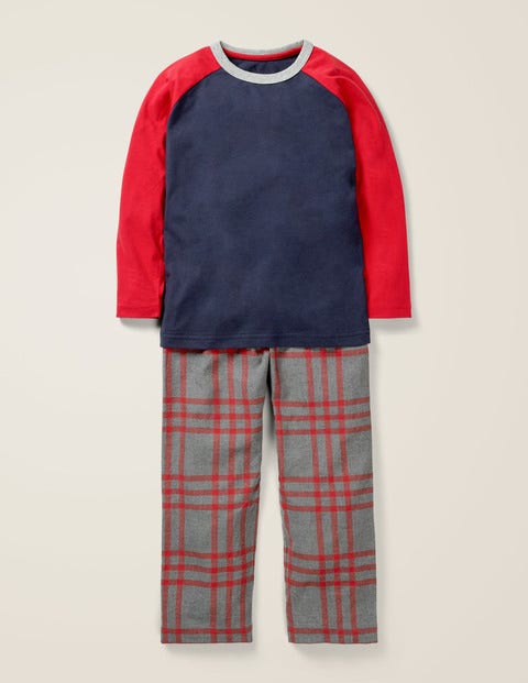 Gebürstetes Raglan-Pyjamaset - Rockabilly-Rot/Grau Meliert, Kariert Gebürstetes Raglan-Pyjamaset - Rockabilly-Rot/Grau Meliert, Kariert