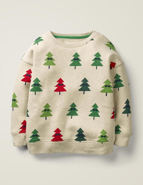 Festliches Sweatshirt - Hellbeige Meliert, Geometrische Bäume Festliches Sweatshirt - Hellbeige Meliert, Geometrische Bäume