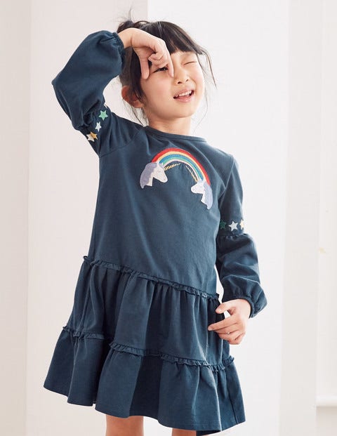 Bright Tiered Jersey Dress - Stormy Blue Unicorns Bright Tiered Jersey Dress - Stormy Blue Unicorns