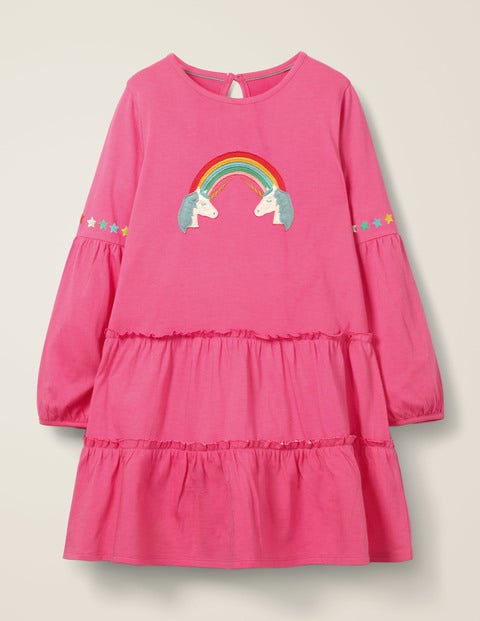 Fröhliches Stufen-Jerseykleid - Knallrosa, Einhörner Fröhliches Stufen-Jerseykleid - Knallrosa, Einhörner