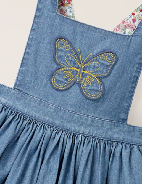 Embroidered Pinafore Dress - Mid Vintage Denim/Butterfly Embroidered Pinafore Dress - Mid Vintage Denim/Butterfly