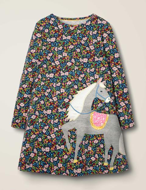 Jerseykleid Mit Großer Applikation - Blaues Blumen-/Beerenmuster, Pferd Jerseykleid Mit Großer Applikation - Blaues Blumen-/Beerenmuster, Pferd
