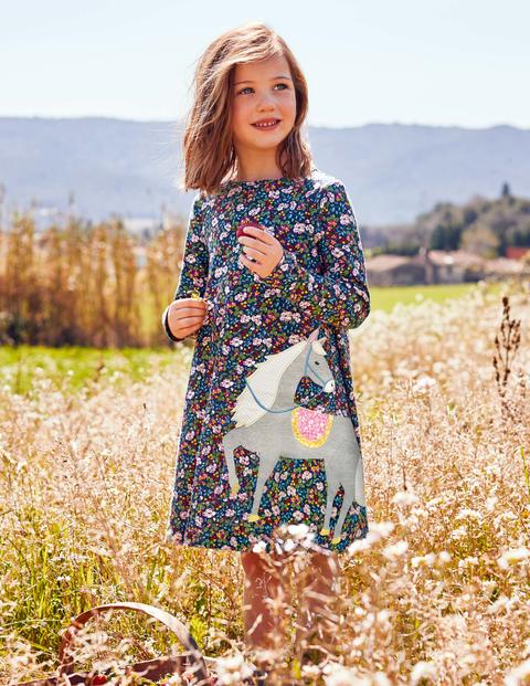 Jerseykleid Mit Großer Applikation - Blaues Blumen-/Beerenmuster, Pferd Jerseykleid Mit Großer Applikation - Blaues Blumen-/Beerenmuster, Pferd