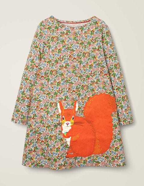 Big Appliqué Jersey Dress - Multi Flower Berry Squirrel Big Appliqué Jersey Dress - Multi Flower Berry Squirrel