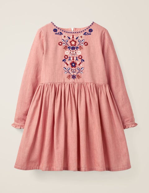 Embroidered Detail Dress - Raspberry Pink Ticking Stripe Embroidered Detail Dress - Raspberry Pink Ticking Stripe