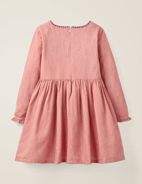Embroidered Detail Dress - Raspberry Pink Ticking Stripe Embroidered Detail Dress - Raspberry Pink Ticking Stripe