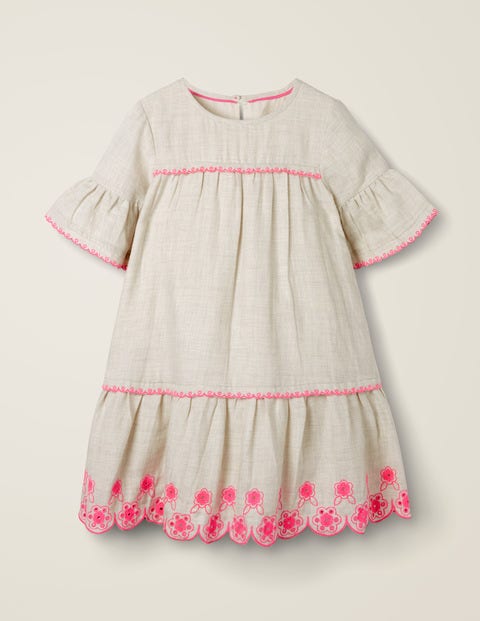 Drop-Waist Broderie Hem Dress - Grey Marl/Festival Pink Drop-Waist Broderie Hem Dress - Grey Marl/Festival Pink