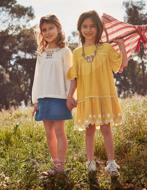 Drop-Waist Broderie Hem Dress - Mellow Yellow/Ecru Drop-Waist Broderie Hem Dress - Mellow Yellow/Ecru