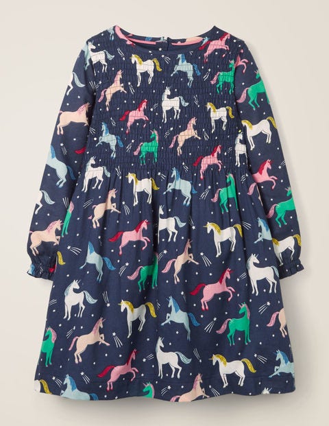 Printed Smock Dress - College Blue Unicorns Printed Smock Dress - College Blue Unicorns