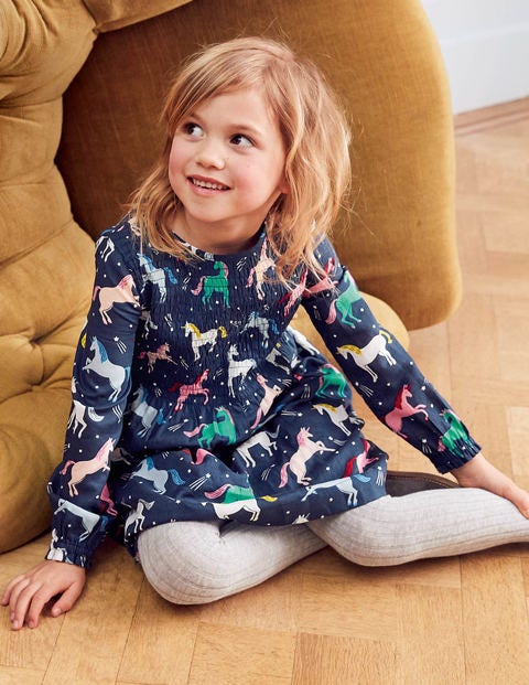 Printed Smock Dress - College Blue Unicorns Printed Smock Dress - College Blue Unicorns