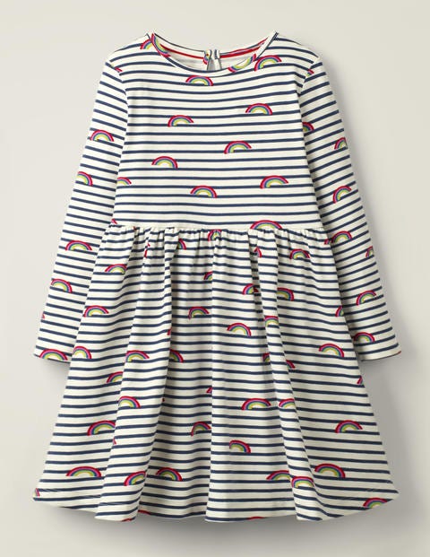 Printed Twirly Jersey Dress - Ivory/College Blue Rainbows Printed Twirly Jersey Dress - Ivory/College Blue Rainbows
