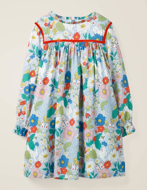 Frill Neck Printed Dress - Provence Blue Florabunda Frill Neck Printed Dress - Provence Blue Florabunda