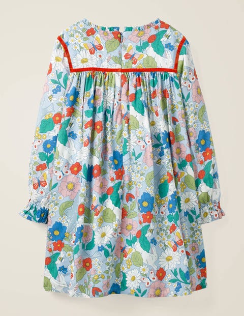 Frill Neck Printed Dress - Provence Blue Florabunda Frill Neck Printed Dress - Provence Blue Florabunda