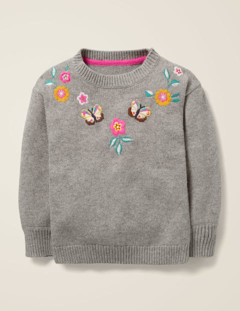 Pullover Mit Bestickter Passe - Grau Meliert Pullover Mit Bestickter Passe - Grau Meliert