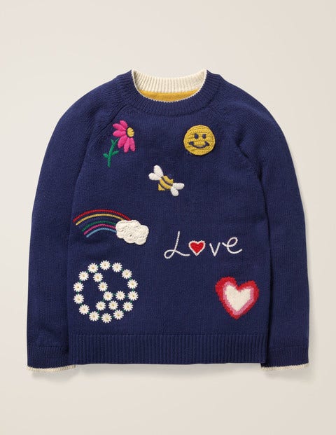 Pull Avec Badges Brodés - Motif Love bleu marine Pull Avec Badges Brodés - Motif Love bleu marine