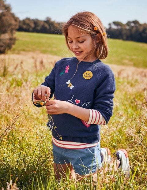 Pull Avec Badges Brodés - Motif Love bleu marine Pull Avec Badges Brodés - Motif Love bleu marine