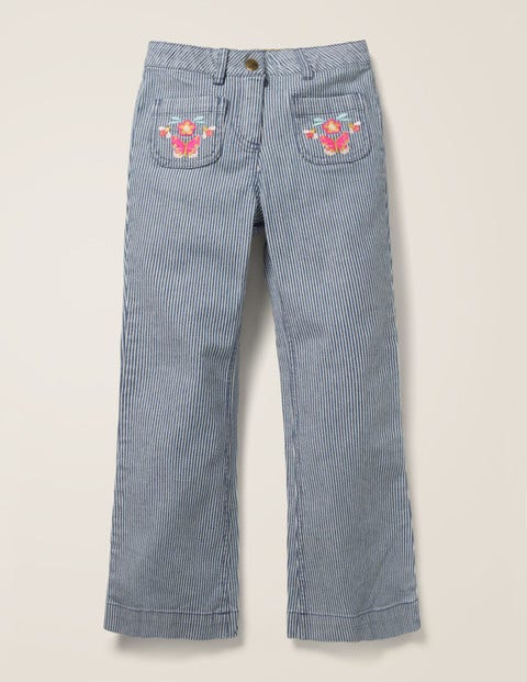 Embroidered Pocket Jeans - Indigo Blue Ticking Stripe Embroidered Pocket Jeans - Indigo Blue Ticking Stripe