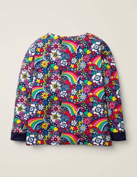 Gemustertes Langarmshirt Mit Tasche - Dunkelblau, Sixties-Blumen, Regenbogen Gemustertes Langarmshirt Mit Tasche - Dunkelblau, Sixties-Blumen, Regenbogen