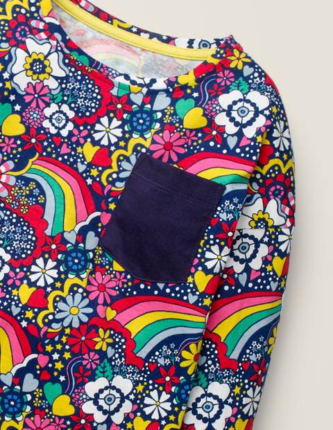 Gemustertes Langarmshirt Mit Tasche - Dunkelblau, Sixties-Blumen, Regenbogen Gemustertes Langarmshirt Mit Tasche - Dunkelblau, Sixties-Blumen, Regenbogen