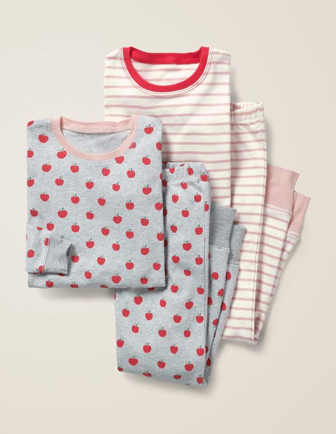 Twin Pack Long John Pyjamas - Grey Marl Apples/Pink Stripe Twin Pack Long John Pyjamas - Grey Marl Apples/Pink Stripe