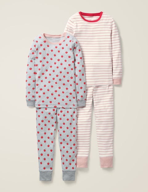 Twin Pack Long John Pyjamas - Grey Marl Apples/Pink Stripe Twin Pack Long John Pyjamas - Grey Marl Apples/Pink Stripe